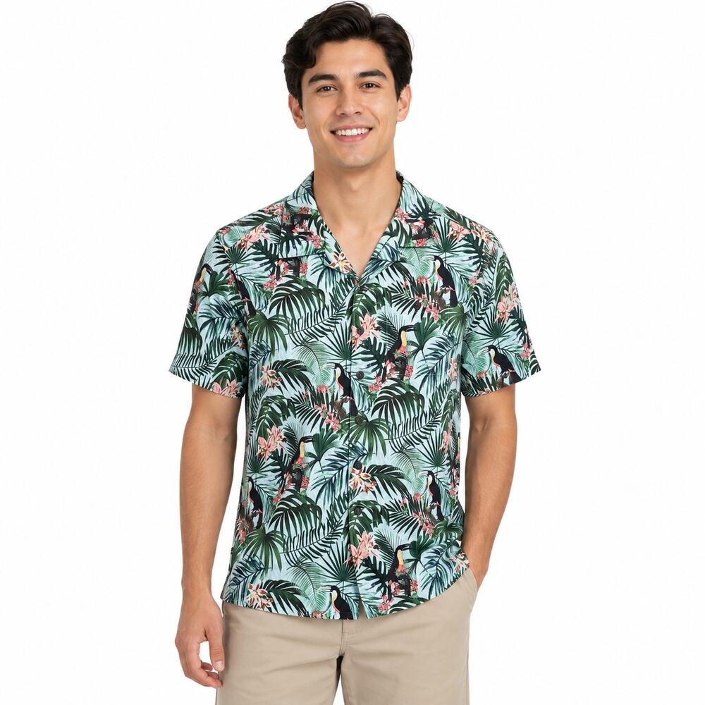 Yiume Hawaiian Tropical Multicolor Foliage/Toucan Print Button Front Shirt